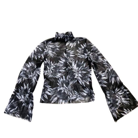 ZARA Black White Floral Print Semi Sheer Top Small Long Sleeves Sunflower Y2K - Picture 8 of 10